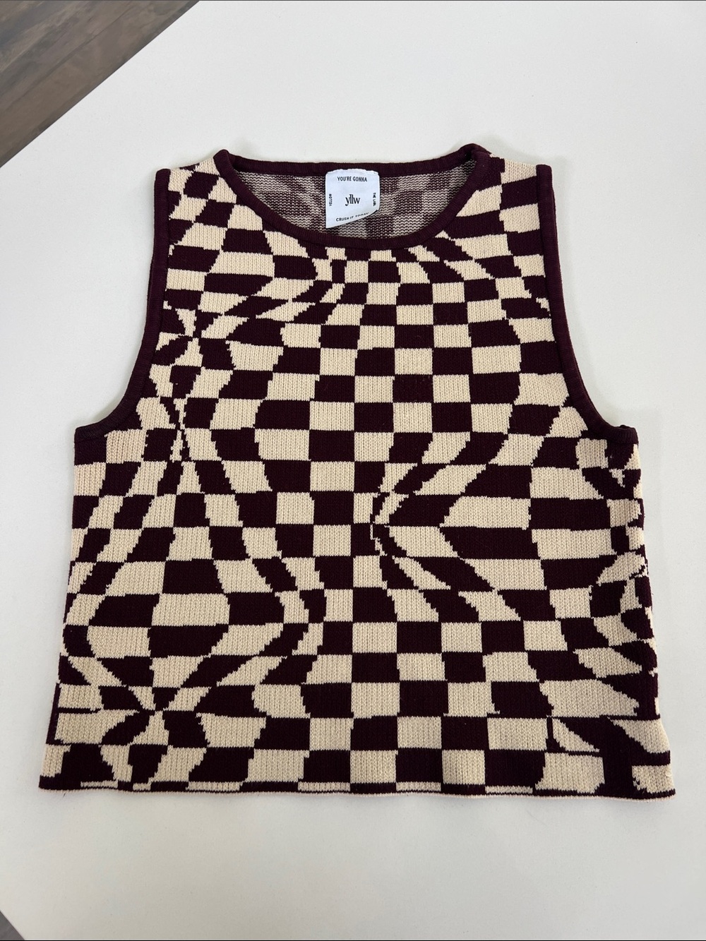 Yllw the label irregular checkered board print pattern burgundy tan cream tank S